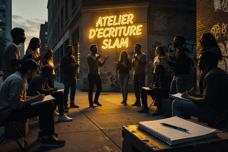 Adolescents slameurs en atelier d'écriture, salle de classe
